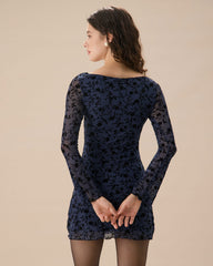 Kadın Mavi See-through Uzun Kollu Mini Elbise