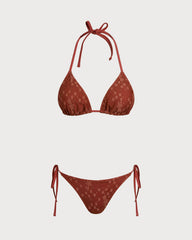 Kırmızı Boyundan Bağlamalı File Büzgü Bağlamalı Bikini Takımı