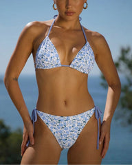 Mavi Çiçek Desenli Üçgen Bikini Takımı