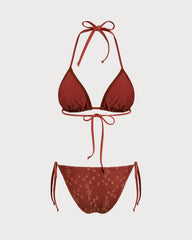 Kırmızı Boyundan Bağlamalı File Büzgü Bağlamalı Bikini Takımı
