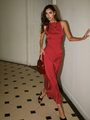 Kapüşonlu Yaka Saten Sırt Çapraz Uzun Elbise