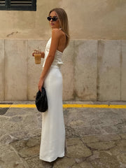 Düz V Yakalı Sırtı Açık Bağcıklı Askılı Ve Yırtıklı Uzun Etek Takımı