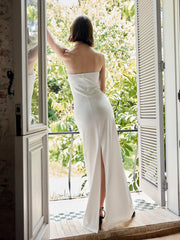 Önü Fiyonklu Straplez Uzun Elbise