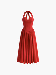 Halter Sevgiliye Pileli Midi Elbise