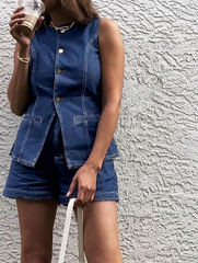 Kot Peplum Yelek Şort Takımı