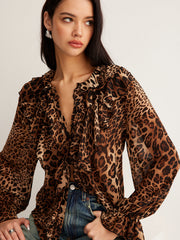 Leopar Desenli Volanlı Bluz