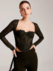 Şeffaf Uzun Kollu Sevgili Dantel Dar Eşofman