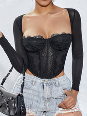 Şeffaf Uzun Kollu Sevgili Dantel Dar Eşofman