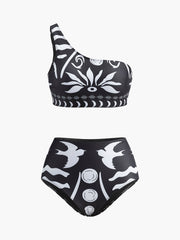 Tek Omuzlu Tribal Baskılı Bikini Takımı