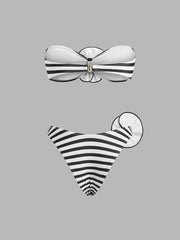 Çizgili Çiçek Detaylı Bandeau Bikini Takımı