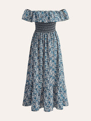 Boho Yakalı Omuzdan Bağlamalı Çiçekli Elbise