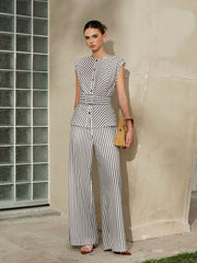 Çizgili Orta Bel Geniş Paça Pantolon