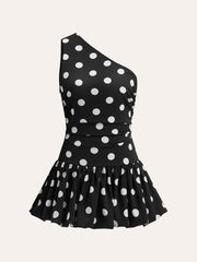 Tek Omuzlu Puantiyeli Peplum Elbise