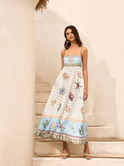 Deniz Kabuğu Desenli Cepli Atlet Elbise