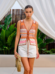 Zikzak Desenli Önden Bağlamalı Yelek