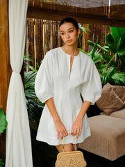 Pamuk-Keten Karışımlı V Yakalı Puf Kollu Elbise