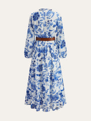 Kemerli Fırfırlı Çiçek Desenli Uzun Elbise