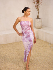 Straplez Çiçek Desenli Yırtık Elbise