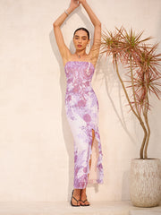 Straplez Çiçek Desenli Yırtık Elbise