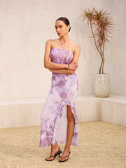 Straplez Çiçek Desenli Yırtık Elbise