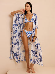 Önü Bağcıklı Şeffaf Çiçekli Kimono Örtüsü