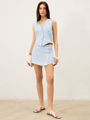 Çizgili Önü Düğmeli Etek Takımı