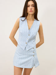 Çizgili Önü Düğmeli Etek Takımı