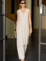 Çizgili Keten Ve Pamuklu Uzun Gömlek