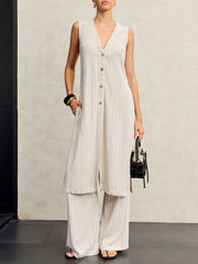 Çizgili Keten Ve Pamuklu Uzun Gömlek