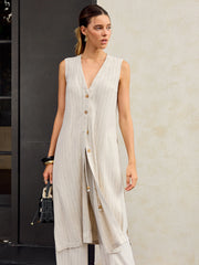 Çizgili Keten Ve Pamuklu Uzun Gömlek