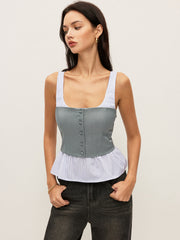 Çizgili Ve Düz Peplum Düğmeli Üst