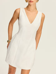 V Yaka Pileli Mini Elbise