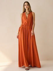 Pamuk Ve Keten Boyundan Bağlamalı Maxi Elbise