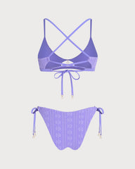 Mor U Yaka Çiçek Desenli Büzgü Bağlamalı Bikini Takımı