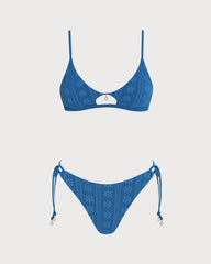 Mavi U Yaka Çiçek Desenli Dokulu Bikini Takımı