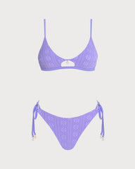 Mor U Yaka Çiçek Desenli Büzgü Bağlamalı Bikini Takımı