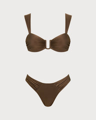 Kahverengi Dekolteli Büzgü Bağlamalı Bikini Takımı