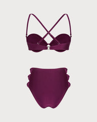 Şarap Kırmızısı Dekolteli Balenli Bikini Takımı