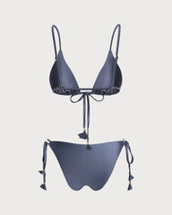 Mavi Düz Renk Bağlamalı Askılı Üçgen Bikini Takımı