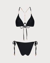 Siyah Bağlamalı Taş İşlemeli Üçgen Bikini Takımı