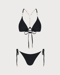 Siyah Bağlamalı Taş İşlemeli Üçgen Bikini Takımı