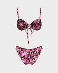 Şarap Kırmızısı O Halka Detaylı Çiçek Desenli Bralet Bikini Takımı