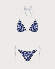 Mavi Boyundan Bağlamalı Çiçek Desenli Üçgen Bikini Takımı