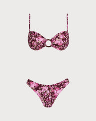 Şarap Kırmızısı O Halka Detaylı Çiçek Desenli Bralet Bikini Takımı