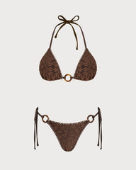 Kahverengi Boyundan Bağlamalı Dokulu Üçgen Bikini Takımı