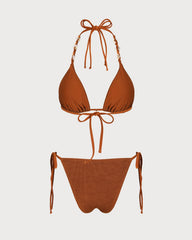 Kahverengi Boyundan Bağlamalı Büzgü Bağlamalı Üçgen Bikini Takımı