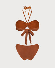 Kahverengi Boyundan Bağlamalı Dokulu Bandeau Bikini Takımı