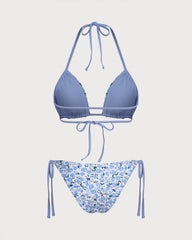 Mavi Çiçek Desenli Üçgen Bikini Takımı