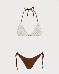 Kahve Boyundan Bağlamalı Dokulu Büzgü Bağlamalı Bikini Takımı