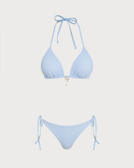 Mavi Boyundan Bağlamalı Büzgü Bağlamalı Üçgen Bikini Takımı